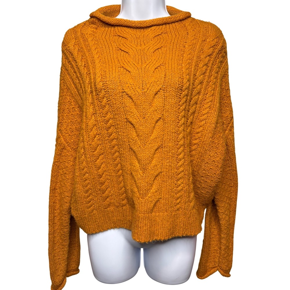 PILCRO Womens Mustard Yellow Oversized Cable Knit Sweater S Rolled Neck Boho